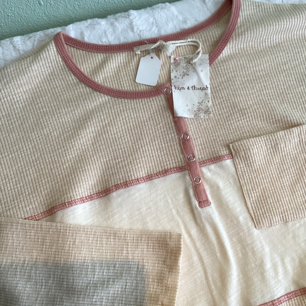Hem & Thread Womens Long Sleeve Henley W/Pocket New Size Medium